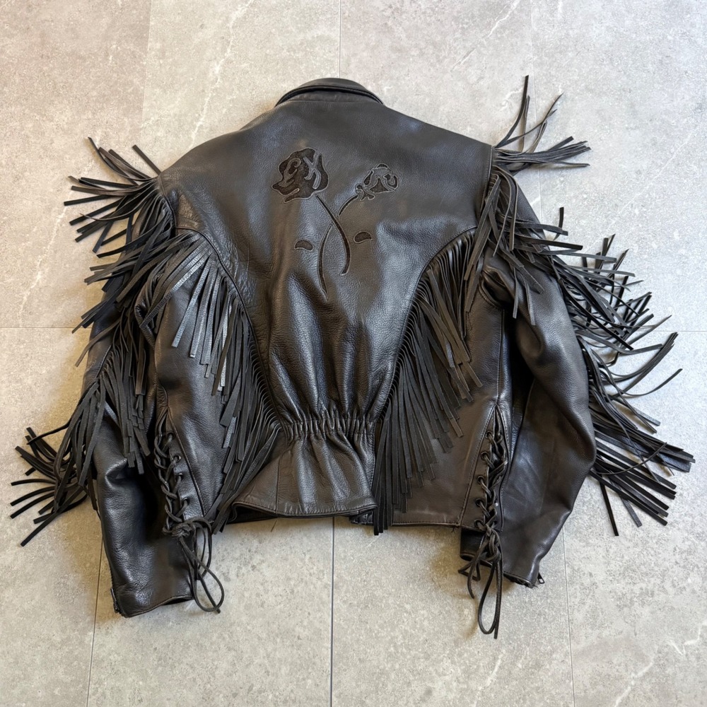 Vintage Wilsons Leather Fringe Rose Applique Biker Jacket Large
